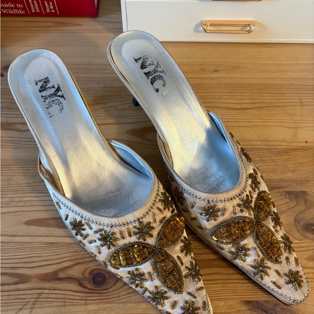 NYC Ivory and Gold Beaded Pointed-Toe Mules Size 8